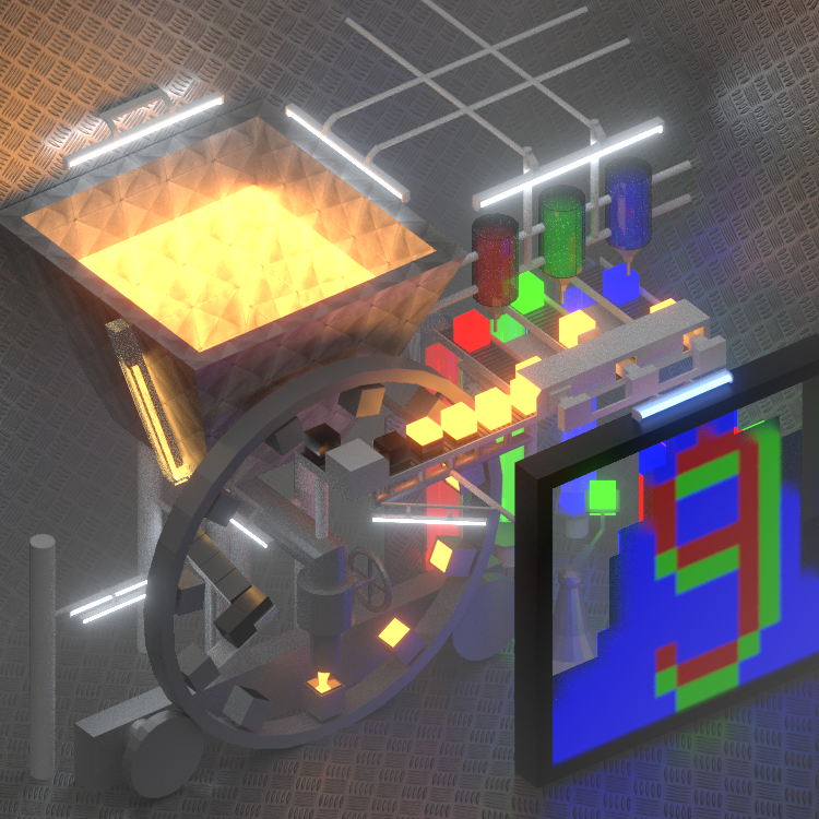 3D rendering. The image depicts a fantasy industrial pipeline. Yellow glowing fluid from a tank is cast into cube form. The conveyor belt for the cubes splits up into three, and the cubes get painted red, green and blue respectively. Finally, the coloured cubes are placed into a frame to form the pixels of an image. The image is half constructed, through the holes where pixels are missing one can see a robotic arm holding a green pixel to place it next.